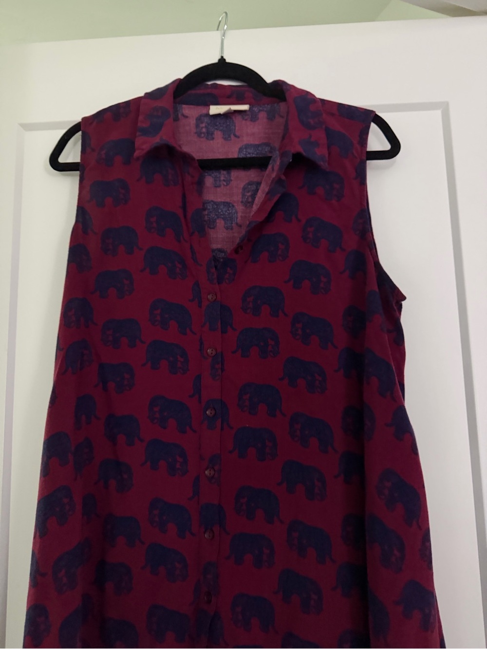 ModCloth Burgundy Sleeveless Button-Front Top with Navy Elephant Print